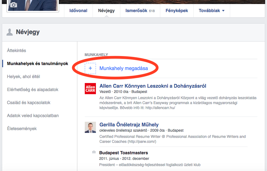 Facebook - új munkahely megadása