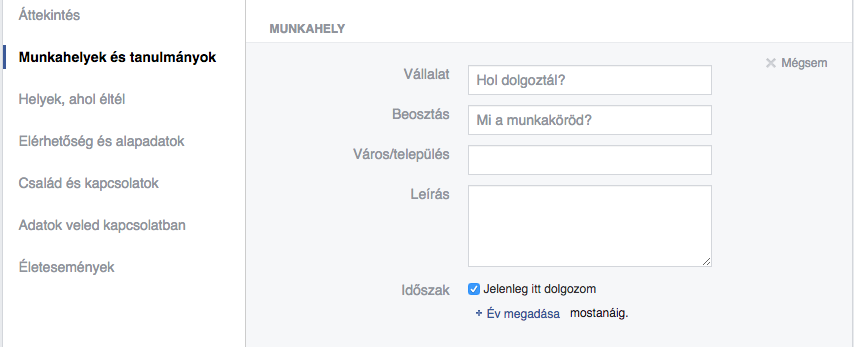 Facebook - új munkahely megadása
