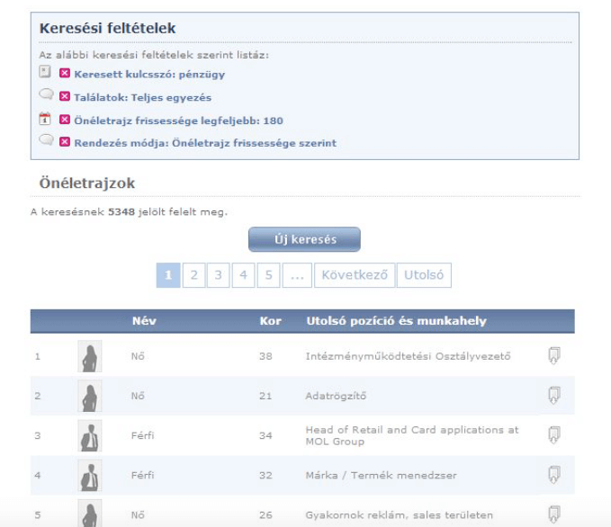 Önéletrajz kereső találati oldal